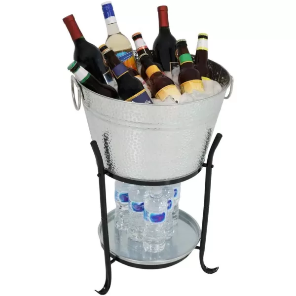 Sunnydaze Decor Pebbled Galvanized Steel Ice Bucket Drink Cooler with Stand and Tray