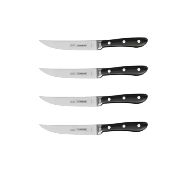 Tramontina 5 in. High Carbon Steel Full T Blade with Serrated Edge Steak Knife with Black Polycarbonate Handle (Set of 4)