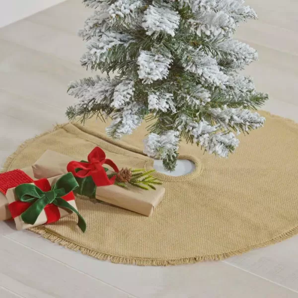 VHC Brands 21 in. Natural Festive Burlap Farmhouse Christmas Decor Mini Tree Skirt