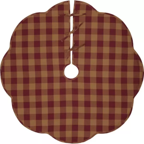 VHC Brands 48 in. Burgundy Check Red Primitive Christmas Decor Scalloped Tree Skirt