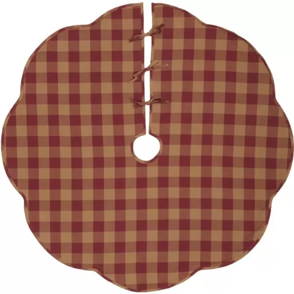 VHC Brands 55 in. Burgundy Check Red Primitive Christmas Decor Scalloped Tree Skirt