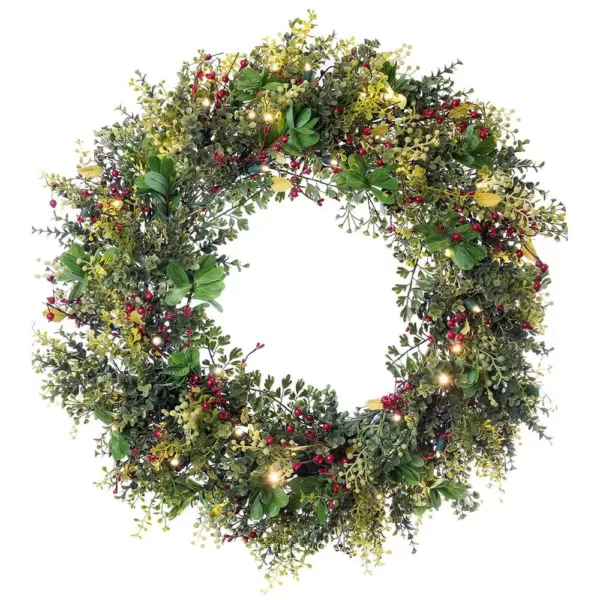 Village Lighting Company 30 in. Pre-Lit LED Christmas Boxwood and Berry Wreath