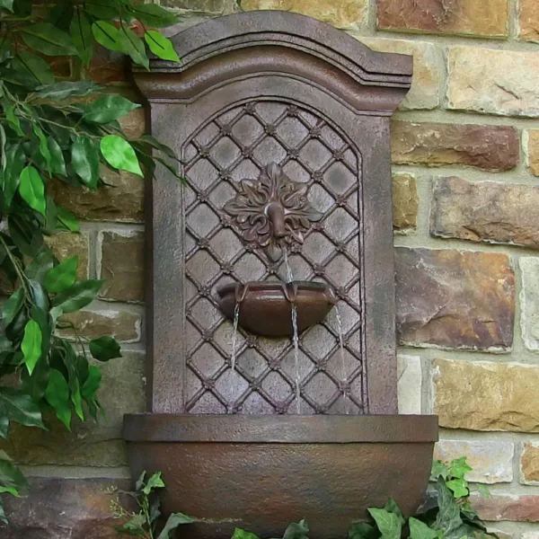 Sunnydaze Decor Rosette Resin Weathered Iron Solar with Battery Backup Outdoor Wall Fountain