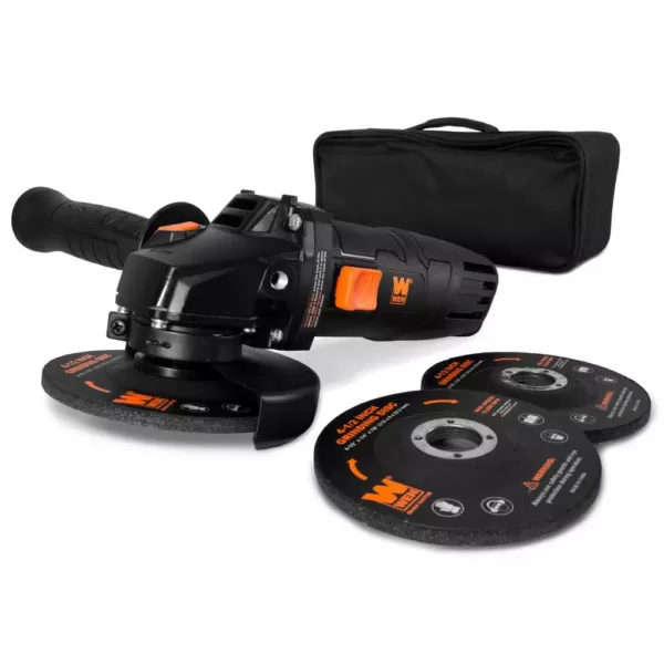 WEN 7.5 Amp Corded 4-1/2 in. Angle Grinder with Reversible Handle, 3 Grinding Discs and Carrying Case