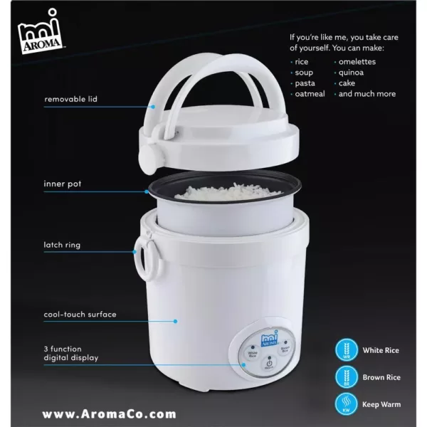 AROMA 3-Cup White Mini Rice Cooker with Non-Stick Cooking Pot