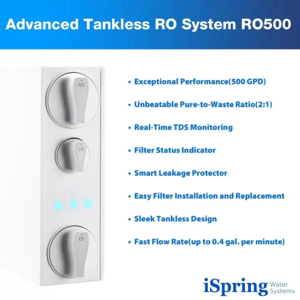 ISPRING Tankless Reverse Osmosis Water Filtration System, Smart Faucet, 2:1 Pure to Drain Ratio, 500 GPD