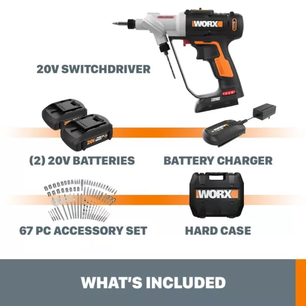 Worx POWER SHARE 20-Volt Switchdriver Cordless 1/4 in. Drill and Driver with 67-Piece Accessory Kit